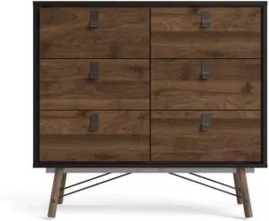Hioshop Rye kommode 6 laden mat zwart en walnoot decor.