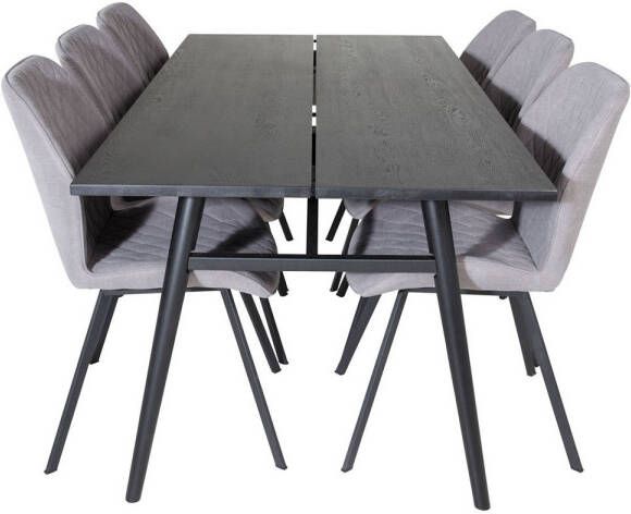 Hioshop Sleek eethoek eetkamertafel uitschuifbare tafel lengte cm 195 280 zwart en 6 Gemma eetkamerstal zwart.