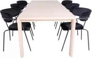 Hioshop SliderWW eethoek eetkamertafel uitschuifbare tafel lengte cm 170 250 eik wit washeded en 6 Arrow eetkamerstal velours zwart