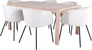 Hioshop SliderWW eethoek eetkamertafel uitschuifbare tafel lengte cm 170 250 eik wit washeded en 6 Berit eetkamerstal velours beige