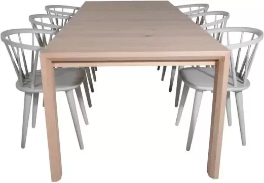 Hioshop SliderWW eethoek eetkamertafel uitschuifbare tafel lengte cm 170 250 eik wit washeded en 6 Bullerbyn eetkamerstal lichtgrijs - Foto 1