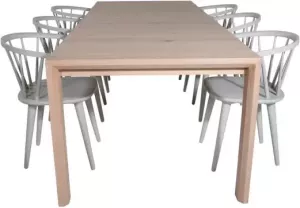Hioshop SliderWW eethoek eetkamertafel uitschuifbare tafel lengte cm 170 250 eik wit washeded en 6 Bullerbyn eetkamerstal lichtgrijs