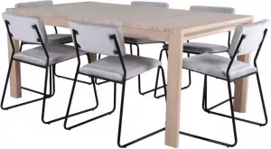 Hioshop SliderWW eethoek eetkamertafel uitschuifbare tafel lengte cm 170 250 eik wit washeded en 6 Kenth eetkamerstal velours grijs