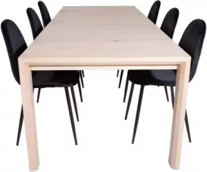 Hioshop SliderWW eethoek eetkamertafel uitschuifbare tafel lengte cm 170 250 eik wit washeded en 6 Polar eetkamerstal velours zwart