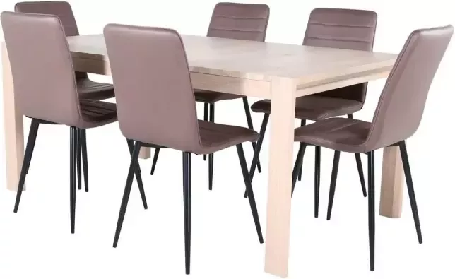 Hioshop SliderWW eethoek eetkamertafel uitschuifbare tafel lengte cm 170 250 eik wit washeded en 6 Windu Lyx eetkamerstal bruin