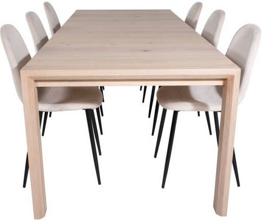 Hioshop SliderWW eethoek eetkamertafel uitschuifbare tafel lengte cm 170 250 eik wit washeded en 6 Polar eetkamerstal velours beige