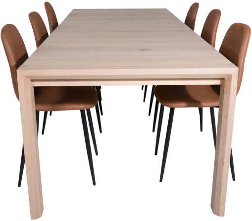 Hioshop SliderWW eethoek eetkamertafel uitschuifbare tafel lengte cm 170 250 eik wit washeded en 6 Polar eetkamerstal PU kunstleer bruin