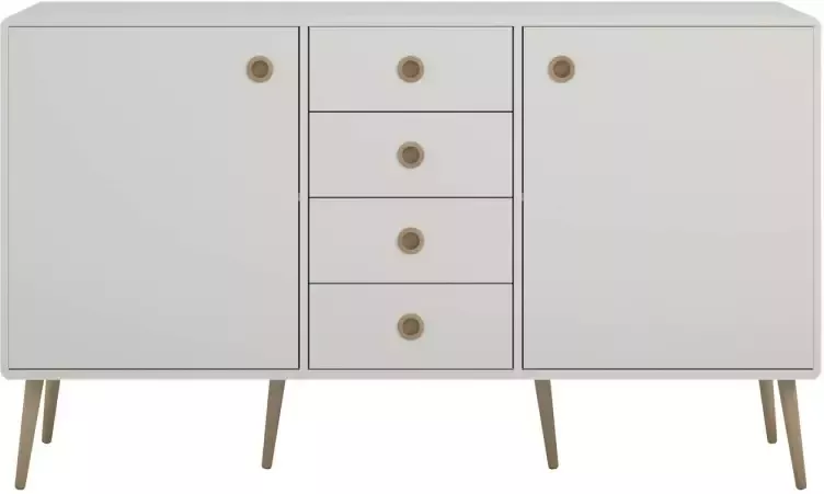 Hioshop Sofus dressoir met 2 deuren en 4 lades wit gelakt eiken onderstel en handgreep.
