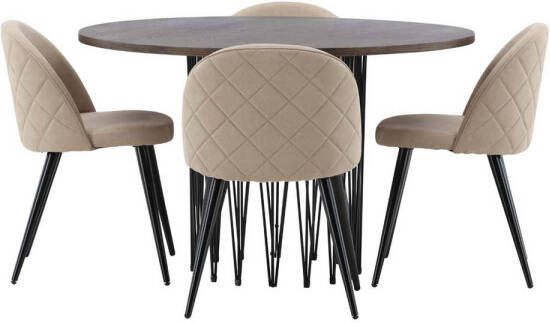 Hioshop Stone eethoek tafel mokka en 4 Velvet stoelen beige.