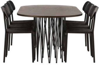 Hioshop Stone eethoek tafel mokka en 6 Polly stoelen zwart.