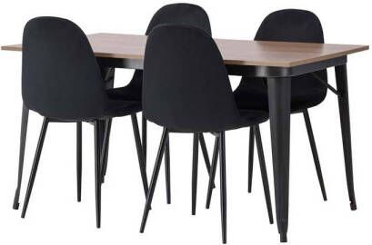 Hioshop Tempe eethoek tafel okkernoot decor en 4 Polar stoelen zwart.