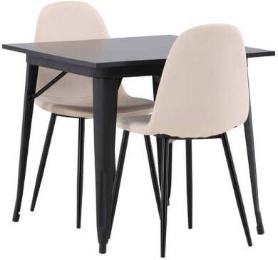 Hioshop Tempe eethoek tafel zwart en 2 Polar stoelen beige.