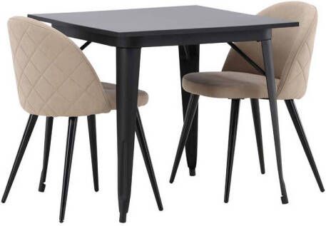 Hioshop Tempe eethoek tafel zwart en 2 Velvet stoelen beige.