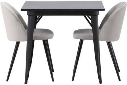 Hioshop Tempe eethoek tafel zwart en 2 Velvet stoelen grijs.