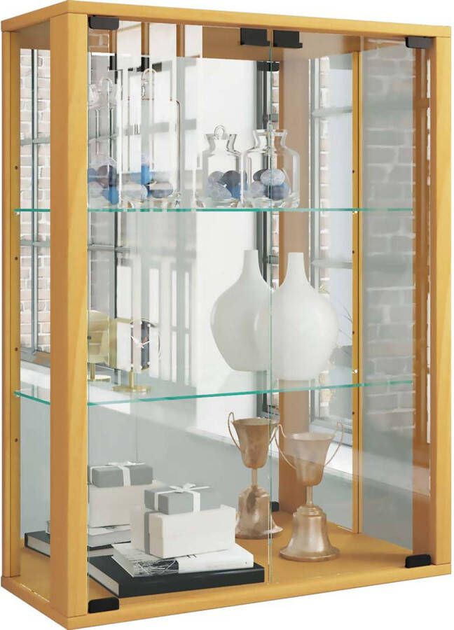 Hioshop Udina vitrinekast wandmontage met spiegel 2 glazen deuren Incl. LED-verlichting beuken decor. - Foto 1