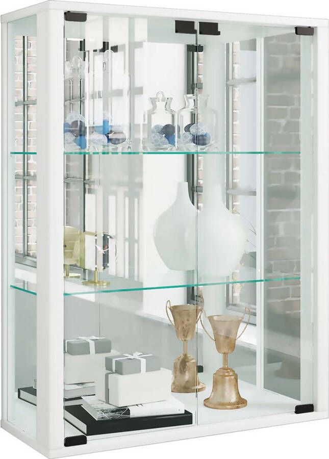 Hioshop Udina vitrinekast wandmontage met spiegel 2 glazen deuren Incl. LED-verlichting wit. - Foto 1