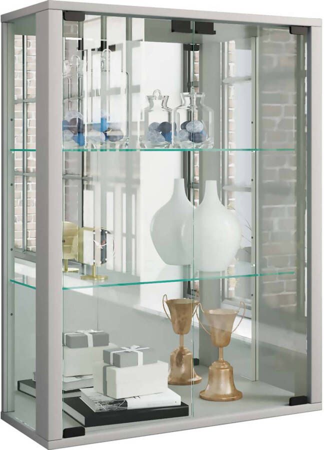 Hioshop Udina vitrinekast wandmontage met spiegel 2 glazen deuren Incl. LED-verlichting zilverkleurig. - Foto 1