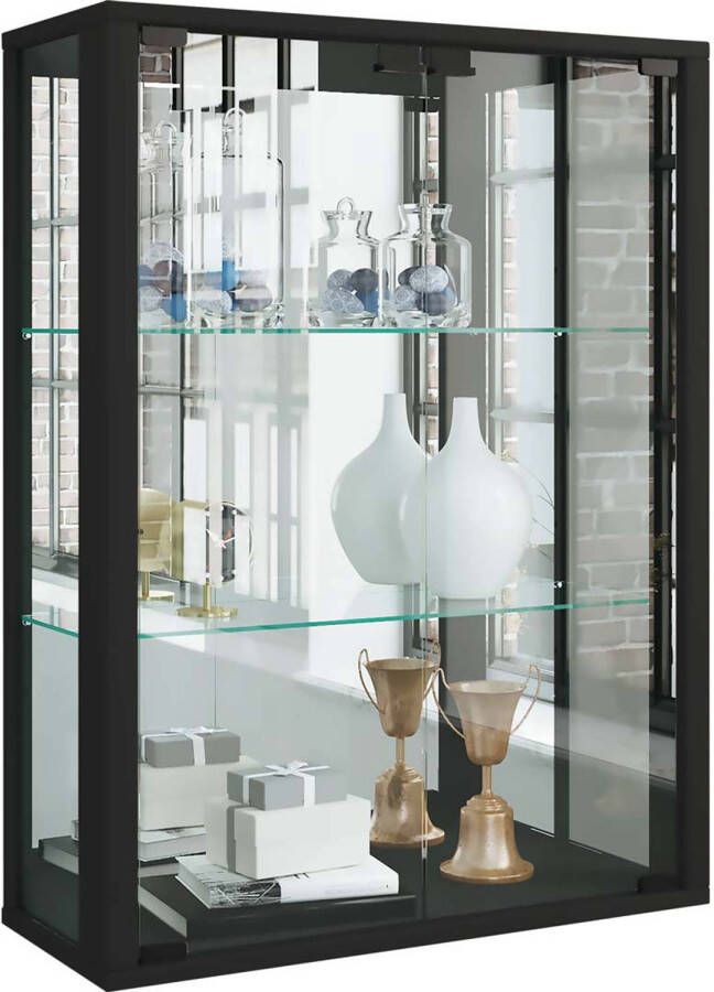 Hioshop Udina vitrinekast wandmontage met spiegel 2 glazen deuren Incl. LED-verlichting zwart. - Foto 1
