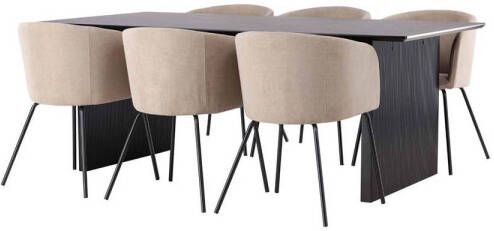 Hioshop Vail eethoek tafel zwart en 6 berit stoelen beige.