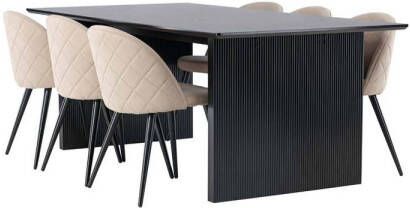 Hioshop Vail eethoek tafel zwart en 6 Velvet stoelen beige.