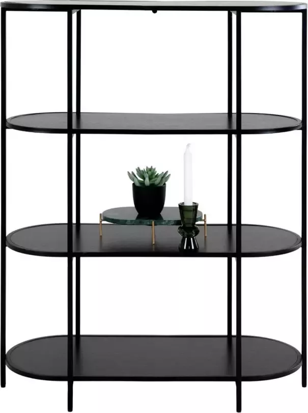 House Nordic Vita Oval Vakkenkast Metaal Frame Zwart Zwarte houtlook Planken 85x36x111 cm