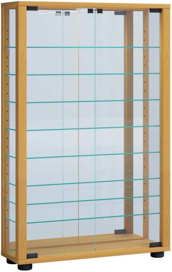 Hioshop VitrosaMini vitrinekast wandmontage met spiegel 2 glazen deuren beuken decor.