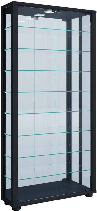 Hioshop VitrosaMini vitrinekast wandmontage met spiegel 2 glazen deuren Incl. LED-verlichting zwart. - Foto 2