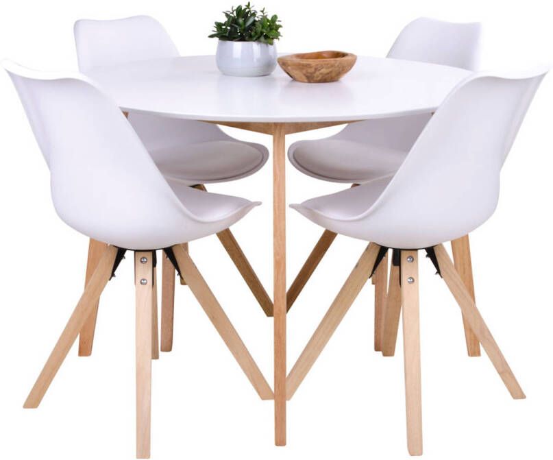 Hioshop Voos eethoek 1 eetkamertafel en 4 eetkamerstoelen wit.