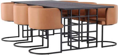 Hioshop Ystad eethoek tafel zwart en 6 Simrishamn stoelen bruin.