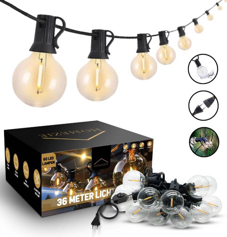 Homezie Lichtsnoer 36 meter met 60 LED bulbs Waterdicht Warm wit Koppelbaar & Dimbaar Lampjes slinger