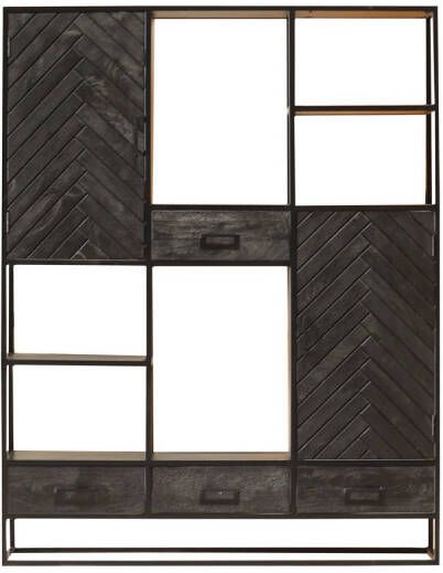 Lizzely Garden & Living Kast industrieel mangohout Lio zwart mango hout wandkast 180cm visgraat vakkenkast mango duurzaam