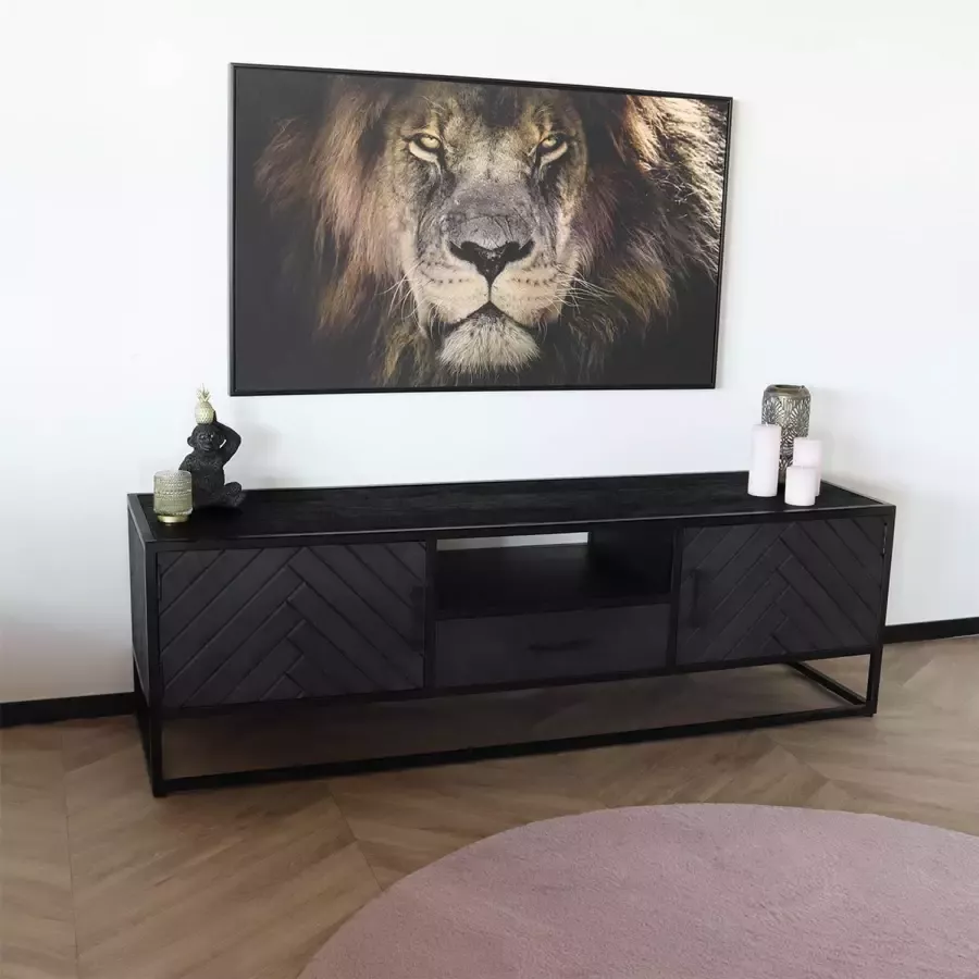 Lizzely Garden & Living TV meubel industrieel mangohout Danae zwart visgraat 165cm tv kast duurzaam mango massief hout tv-meubel