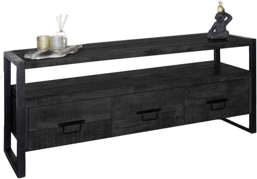 Lizzely Garden & Living TV meubel industrieel mangohout Ilse zwart 150cm tv kast duurzaam mango massief hout tv-meubel