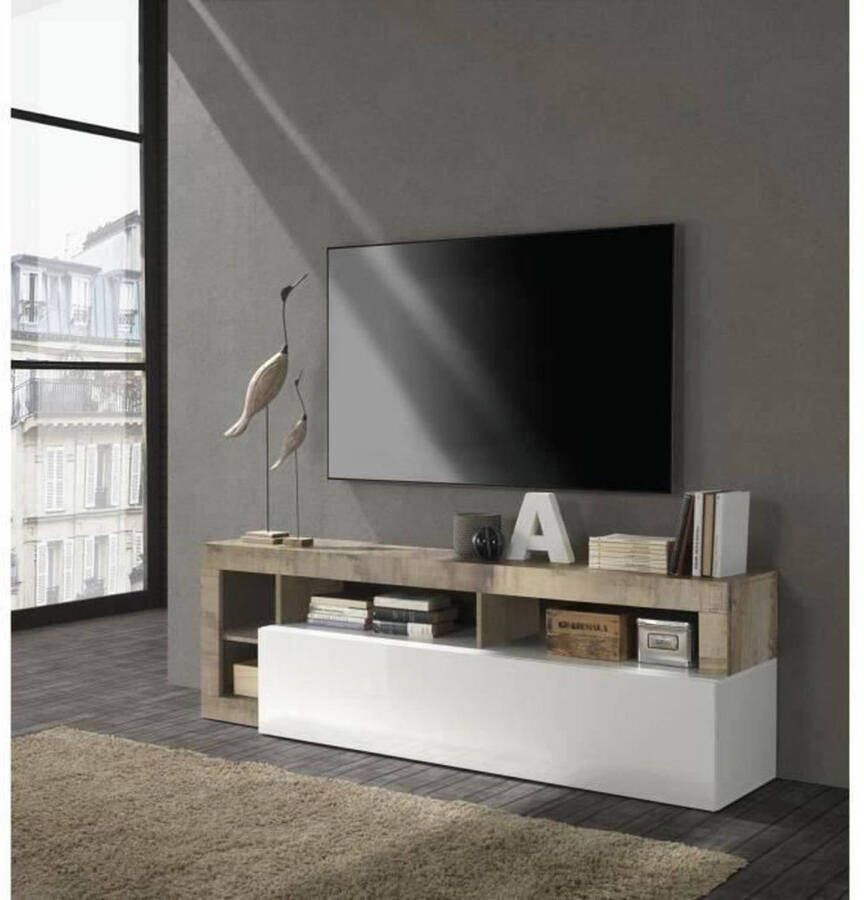 Maestro TV-meubel met 1 deur Witte gelakte afwerking en vintage houteffect B 184 x D 42 x H 56 cm