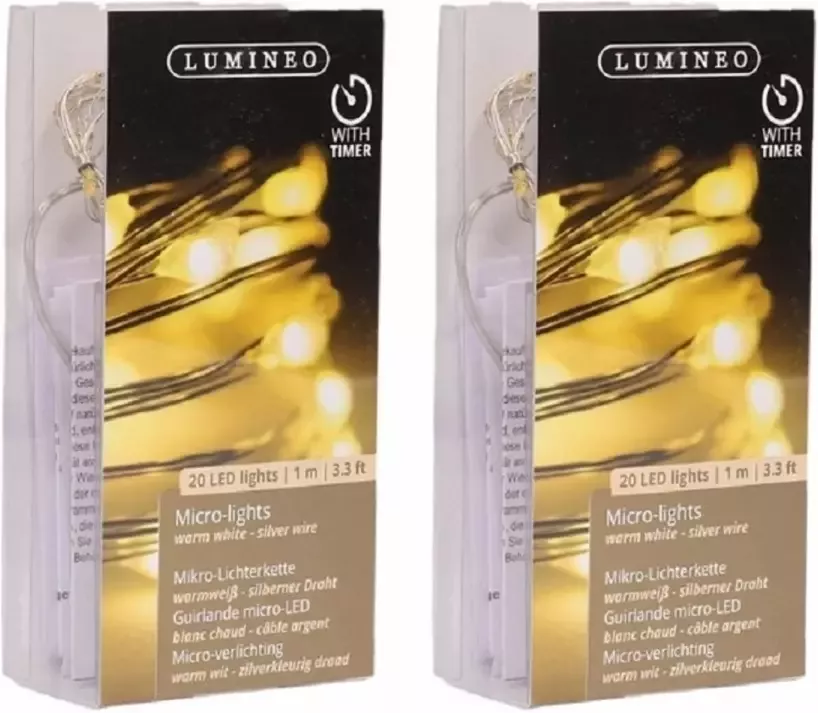 Merkloos 2x Timer draadverlichting zilver 20 warm witte lampjes 95 cm Lichtsnoeren - Foto 1