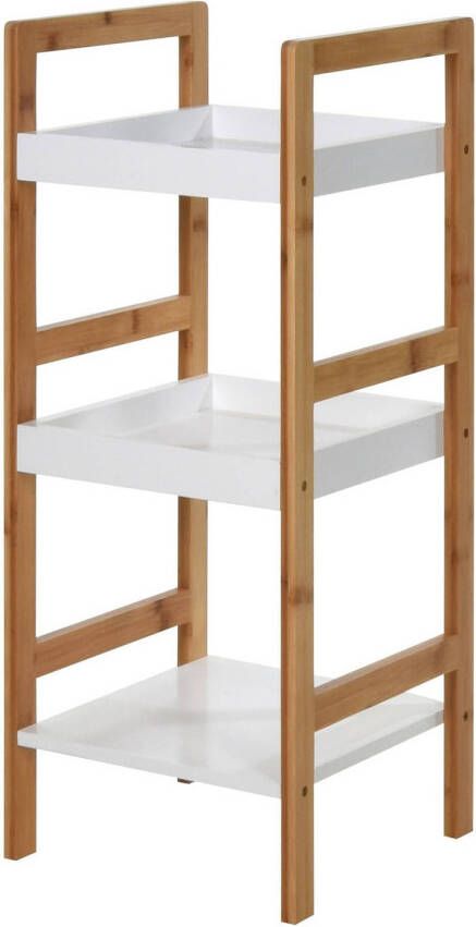 Merkloos Bamboe houten bijzet kastje badkamer rek wit bruin met 3 planken 30 x 30 x 72 cm Badkamerkastjes - Foto 1