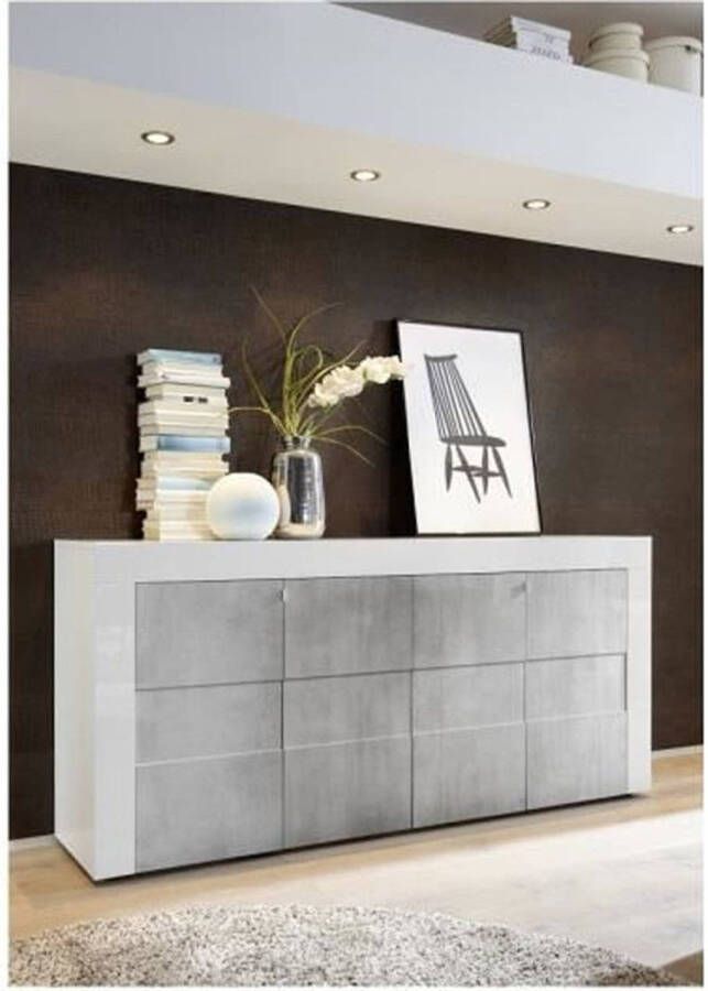 Merkloos Dressoir Glanzend wit gelakt en mat betoneffect Eigentijdse stijl 4 deuren GENOVA L 180 x D 41 x H 83 cm