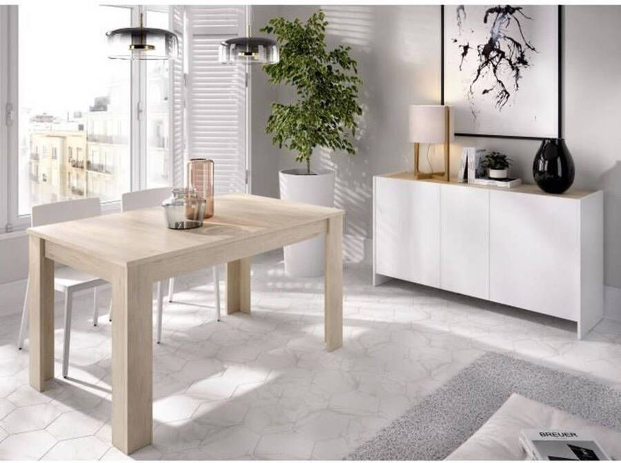 Merkloos KLOE woonkamerset: Dressoir + uitschuifbare tafel Licht eiken en mat wit decor - Foto 1