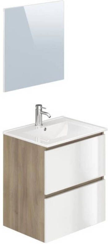 Merkloos Mystic vasque kast 2 laden + spiegel l 61 x d 47 x h 68 cm molaminaat eik en wit glanzend wit