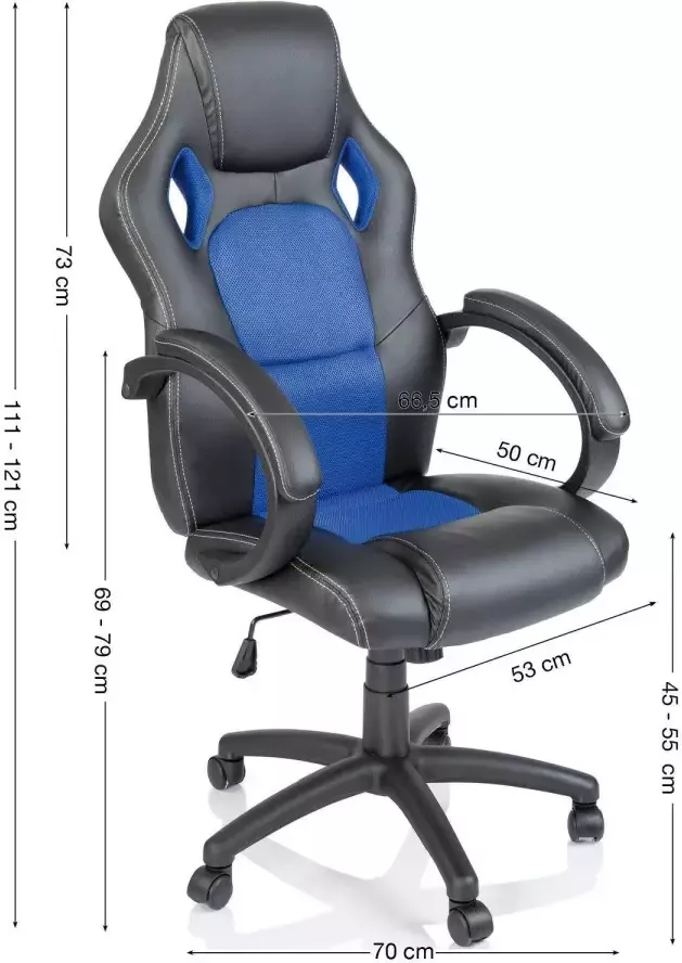 Merkloos Racing bureaustoel zwart blauw gevoerde armleuningen kantelmechanisme gasveer SGS getest