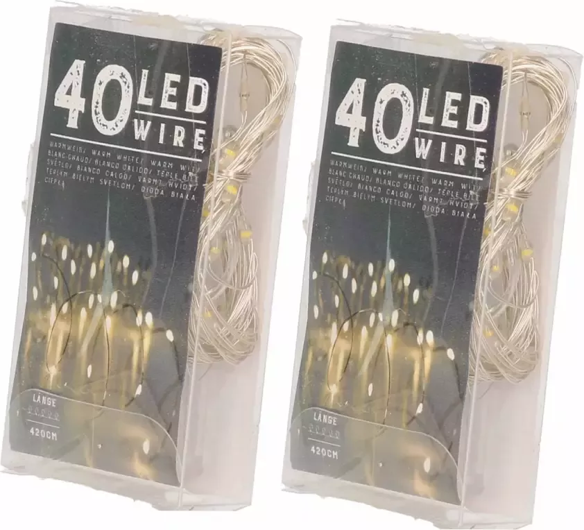 Merkloos Set van 2x stuks draadverlichting lichtsnoeren met 40 lampjes warm wit op batterij 420 cm Lichtsnoeren - Foto 1