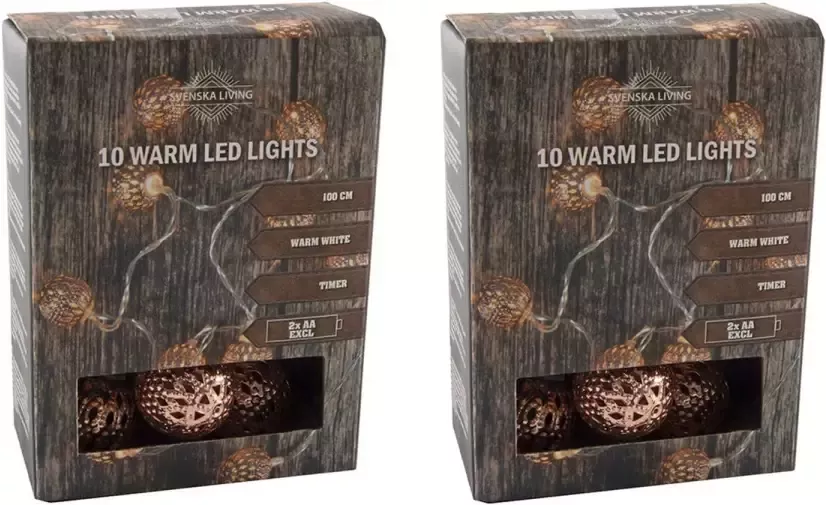 Merkloos Set van 2x stuks lichtsnoer met 10 metalen balletjes koper op batterijen 100 cm Lichtsnoeren - Foto 1