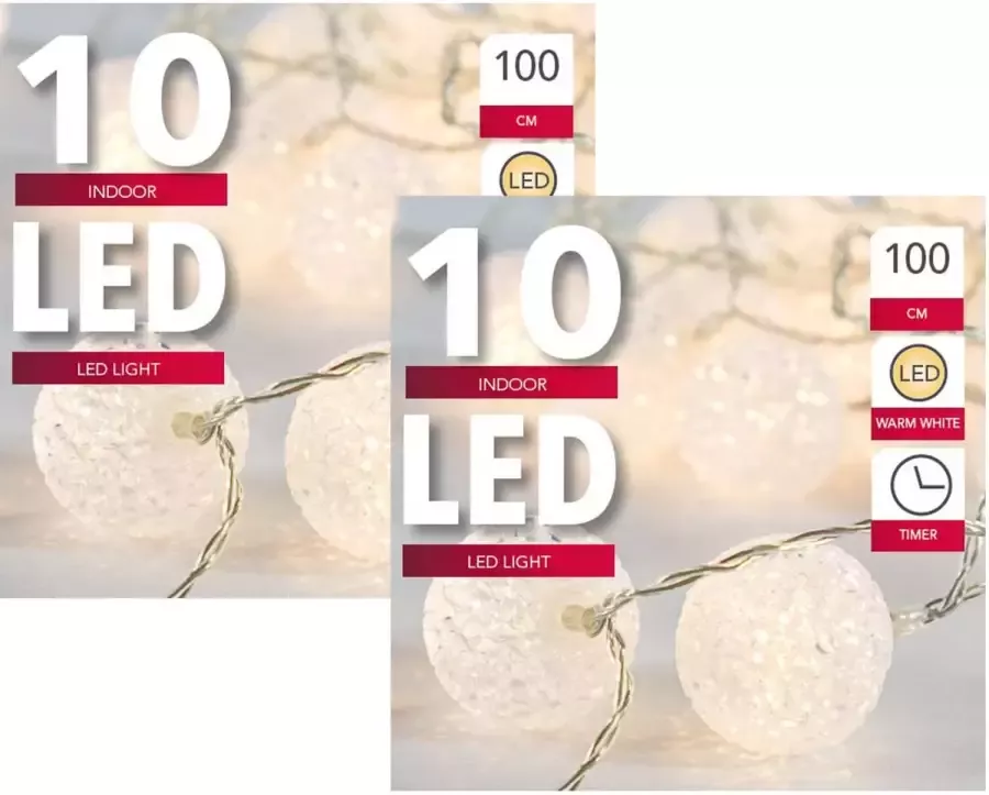 Merkloos Set van 2x stuks lichtsnoer met 10 witte bolletjes warm wit op batterij met timer 135 cm Lichtsnoeren - Foto 1
