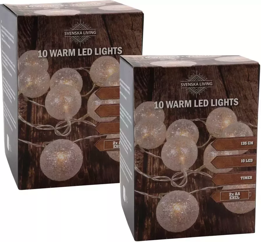 Merkloos Set van 2x stuks lichtsnoer met 10 witte glitter bolletjes warm wit op batterij 135 cm Lichtsnoeren