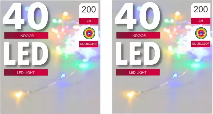 Merkloos Set van 2x stuks verlichting lichtdraad zilver 40 gekleurde lampjes op batterijen 200 cm Lichtsnoeren