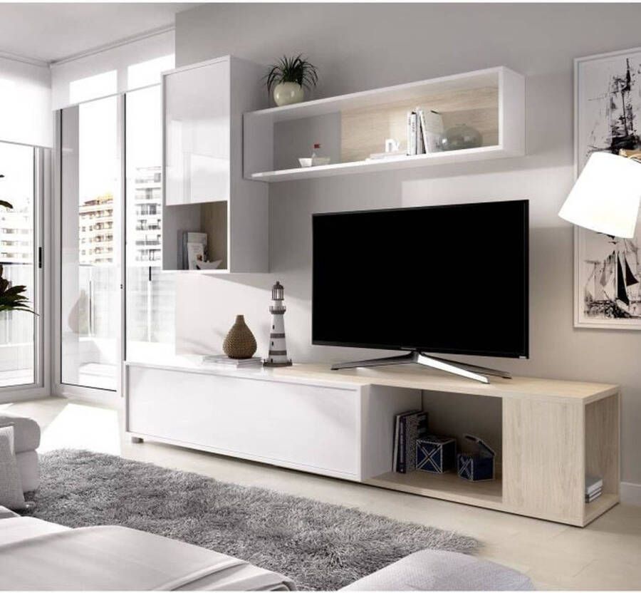 Merkloos Uitschuifbaar TV-meubel Klassiek Spaanplaat met melaminecoating Naturel en wit eiken L230 x D41 x H180 cm OBI