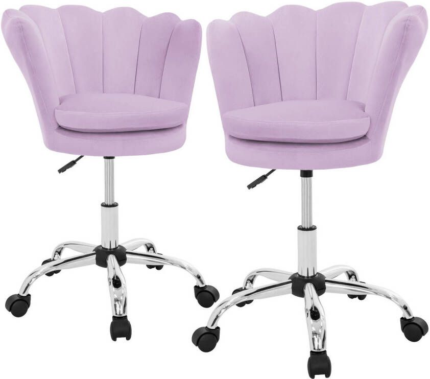 Ml-design Bureaustoel set van 2 met wielen en rugleuning schelpdesign 55x60 cm paars fluweel metalen frame