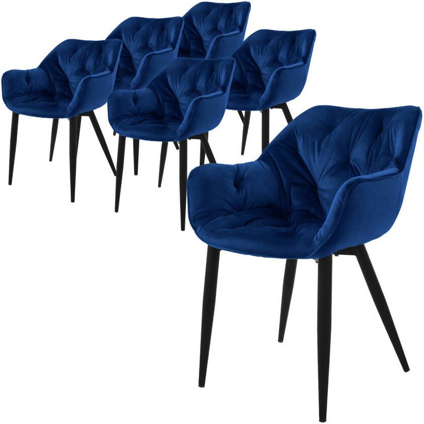 Ml-design eetkamerstoelen set van 6 donkerblauw keukenstoel met dikke fluwelen gestoffeerde zitting metalen poten woonkamerstoel met rugleuning en armleuningen gewatteerde gestoffeerde stoel - Foto 1