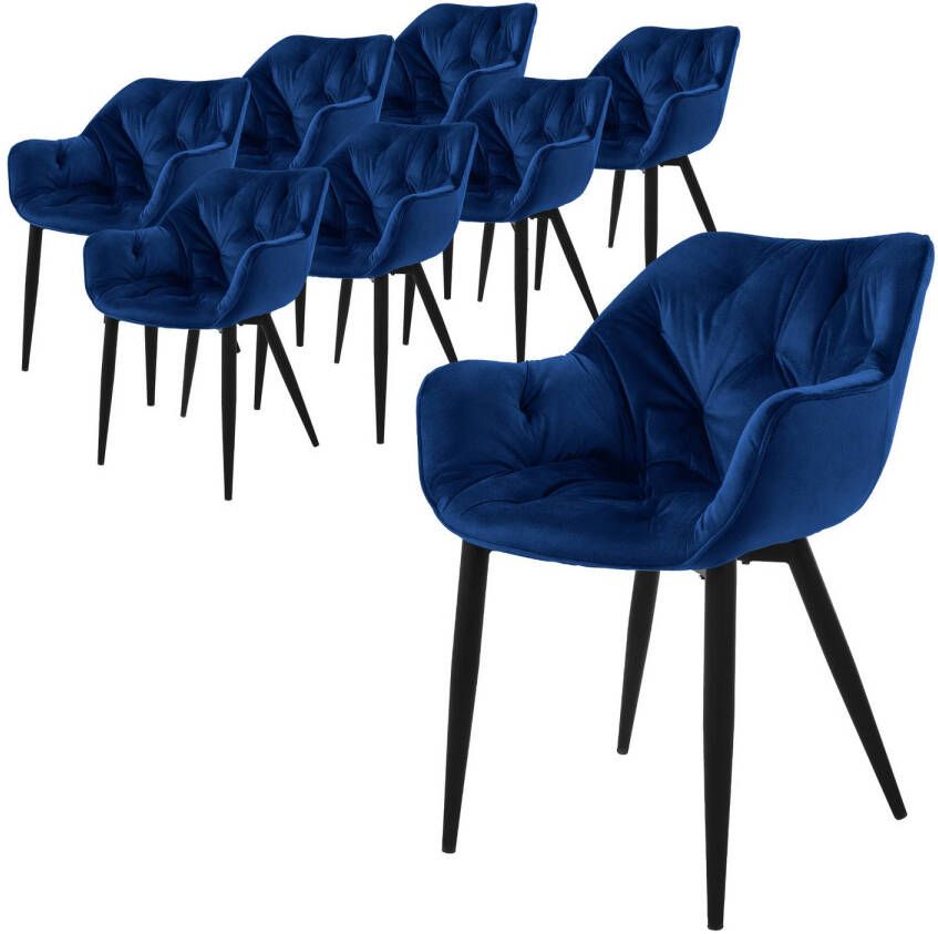 Ml-design eetkamerstoelen set van 8 donkerblauw keukenstoel met dikke fluwelen gestoffeerde zitting metalen poten woonkamerstoel met rugleuning en armleuningen gewatteerde gestoffeerde stoel