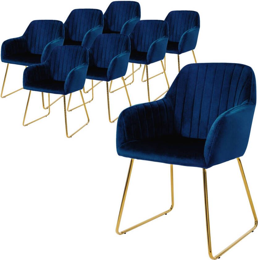 Ml-design eetkamerstoelen set van 8 fluwelen zitting blauw woonkamerstoel met rugleuning en armleuningen keukenstoel met gouden poten gestoffeerde stoel met metalen frame ergonomische armstoel voor eettafel